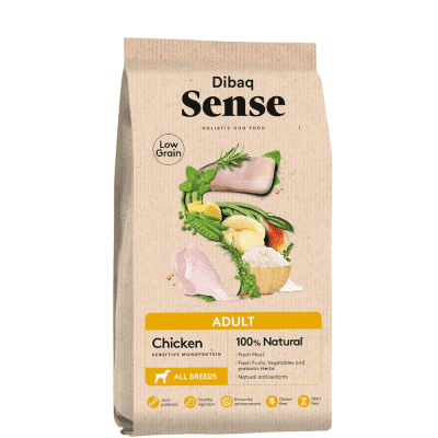 DIBAQ Sense Dog Low Grain Adult Food with Fresh Chicken with Fresh Fruits & Vegetables and Prebiotic Herbs Protein Balanced Nutrition